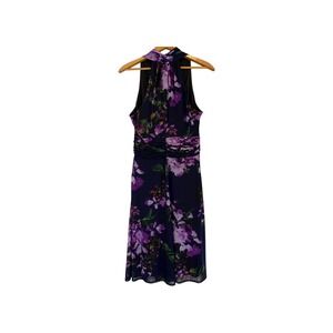 Evan Picone Floral Halter Dress Purple Midi Ruched Sleeveless Party Cocktail